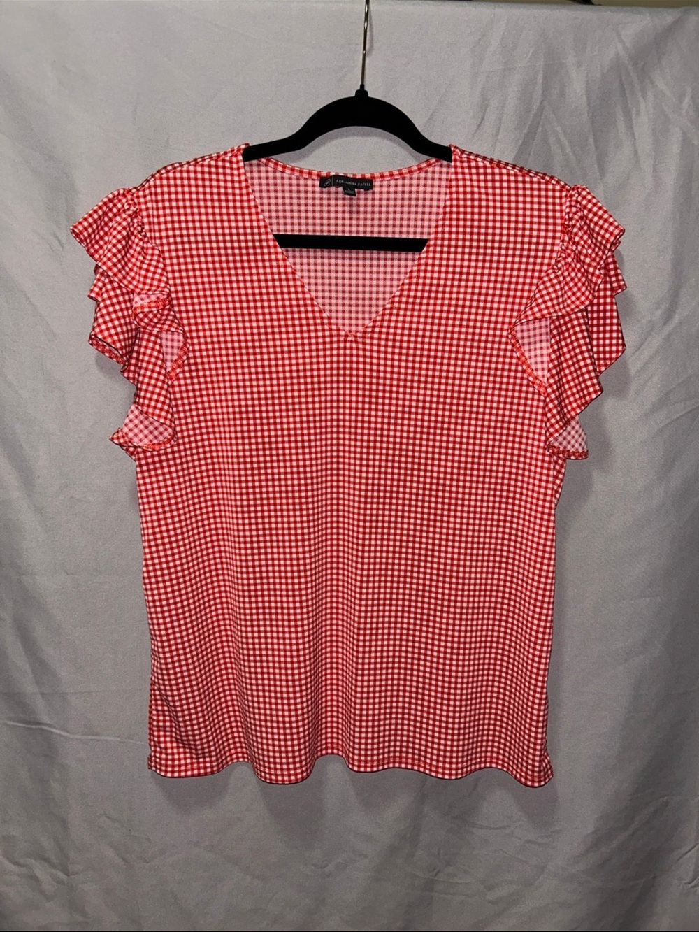 Adrianna Papell Red Gingham Flutter Sleeve V-Neck Blouse Top Size Large